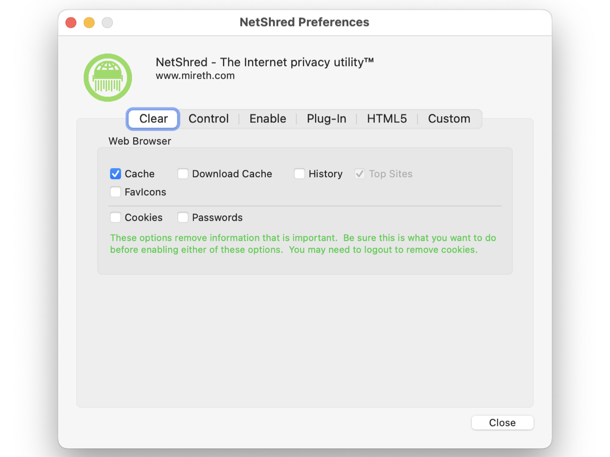 NetShred X Preferences select browsing data to clear