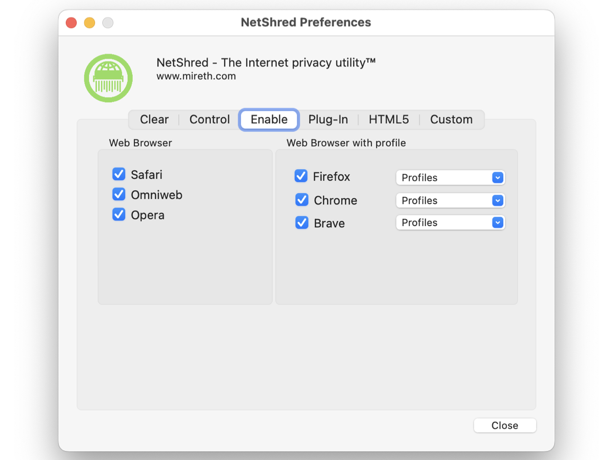 NetShred X Preferences Pick which browsers to erase